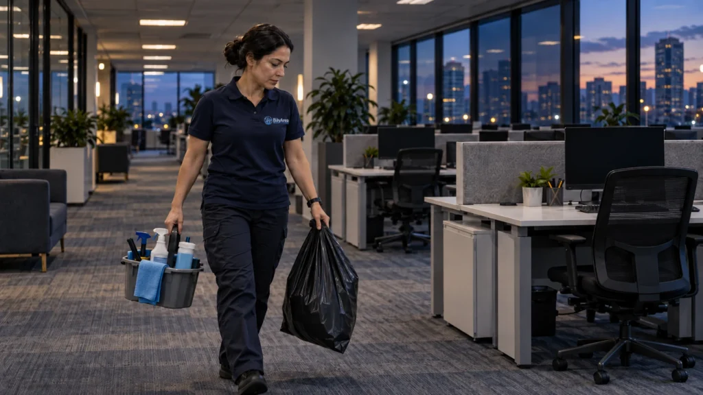 Janitorial worker walking through a closed, empty office during a holiday week