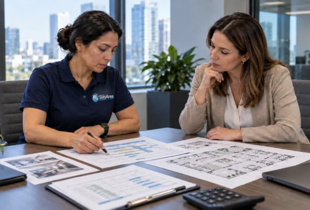 Female cleaning supervisor reviewing a floor plan and labor schedule with a facility manager to evaluate commercial office cleaning cost