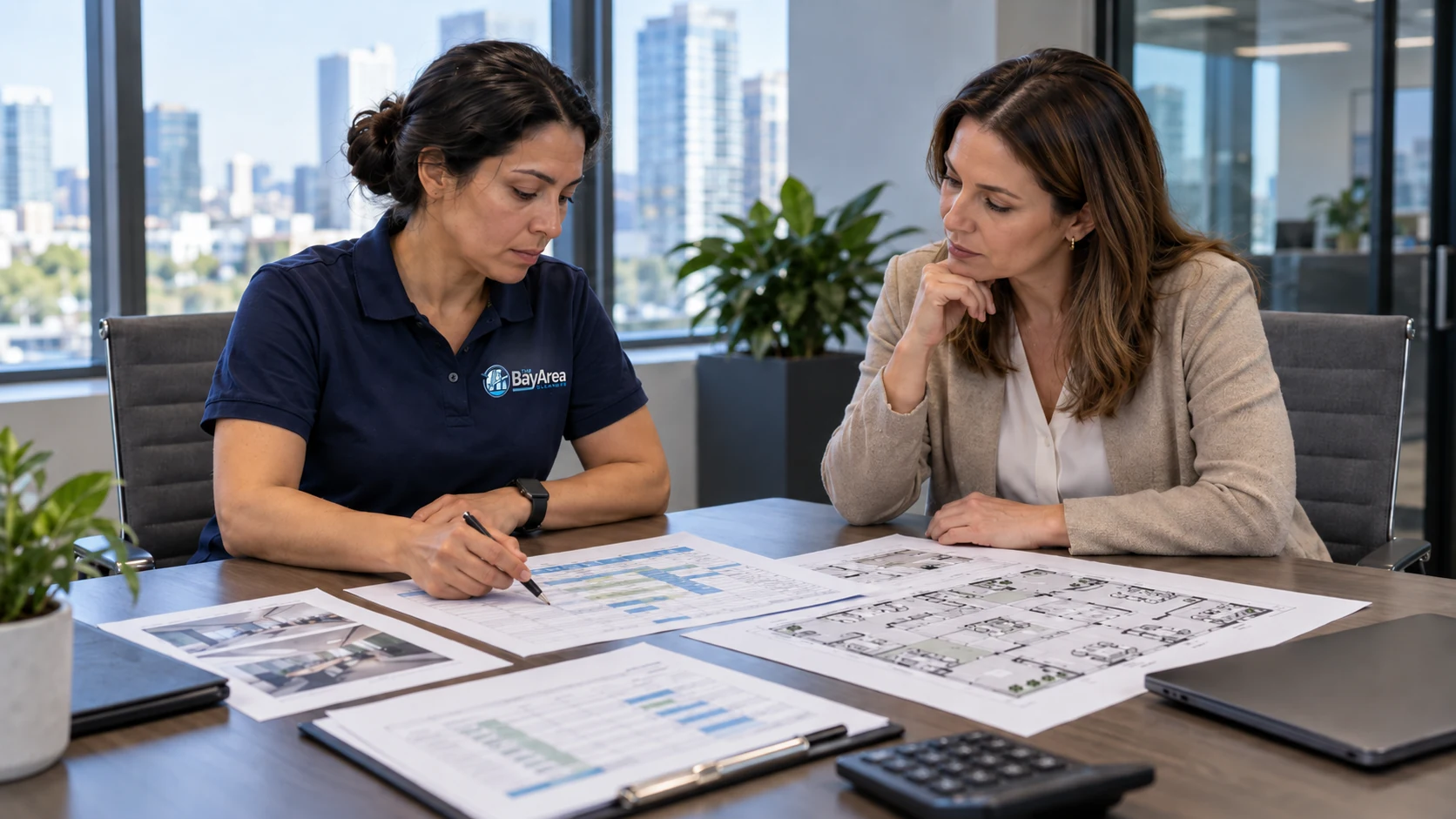 Female cleaning supervisor reviewing a floor plan and labor schedule with a facility manager to evaluate commercial office cleaning cost