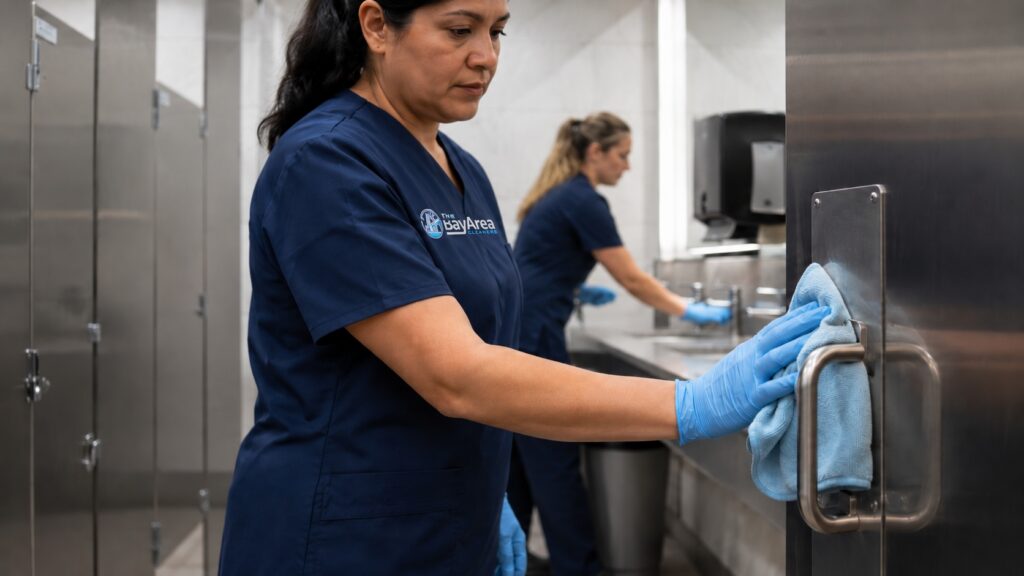 Commercial Restroom Cleaning: The One Room That Grades the Whole Building 1 Professional janitorial worker disinfecting a restroom door handle and push plate while another cleaner wipes a faucet in a commercial office restroom.