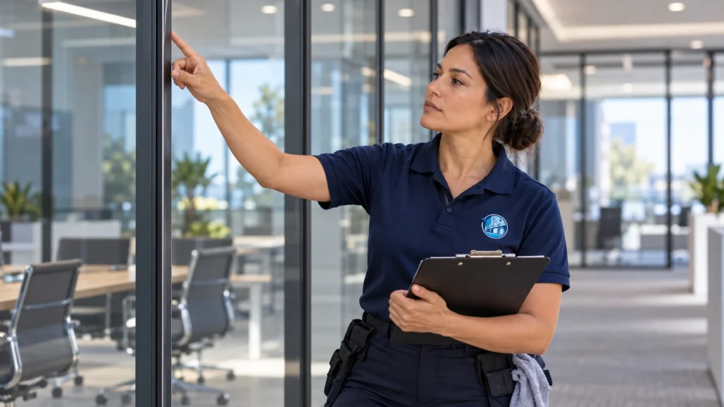 Commercial window cleaner inspecting a divided-lite office window beside a large single-pane window