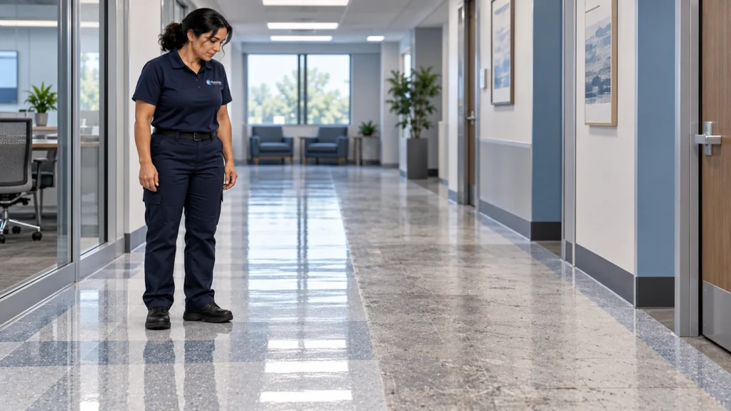 Facility manager comparing a glossy finished area and a dull worn area of vinyl composition tile