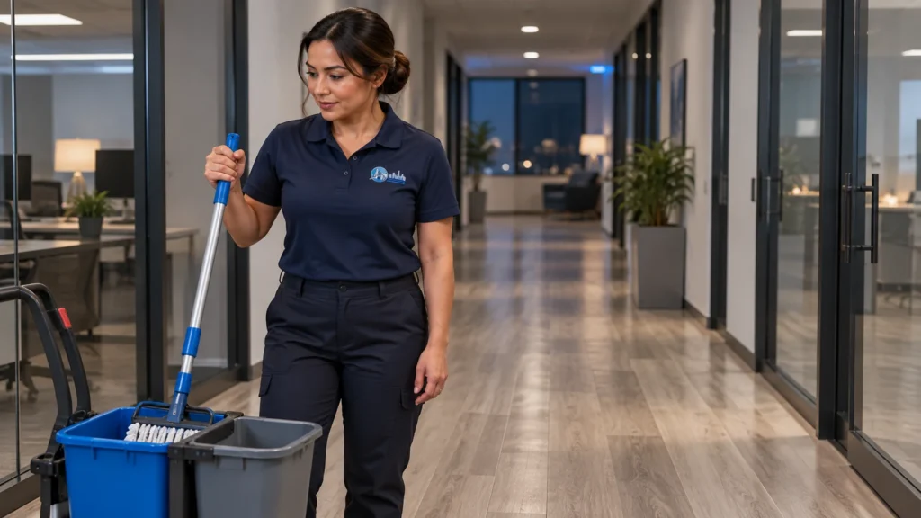 Why Mopping Leaves a Film, and How to Clean Vinyl Plank Floors Instead? 3 Cleaning technician with a two-chamber mop bucket in an office corridor with wood-look vinyl plank flooring