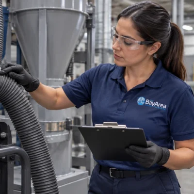 Bay Area Cleaners technician inspecting industrial cleaning equipment beside a dust collection unit in a manufacturing plant.
