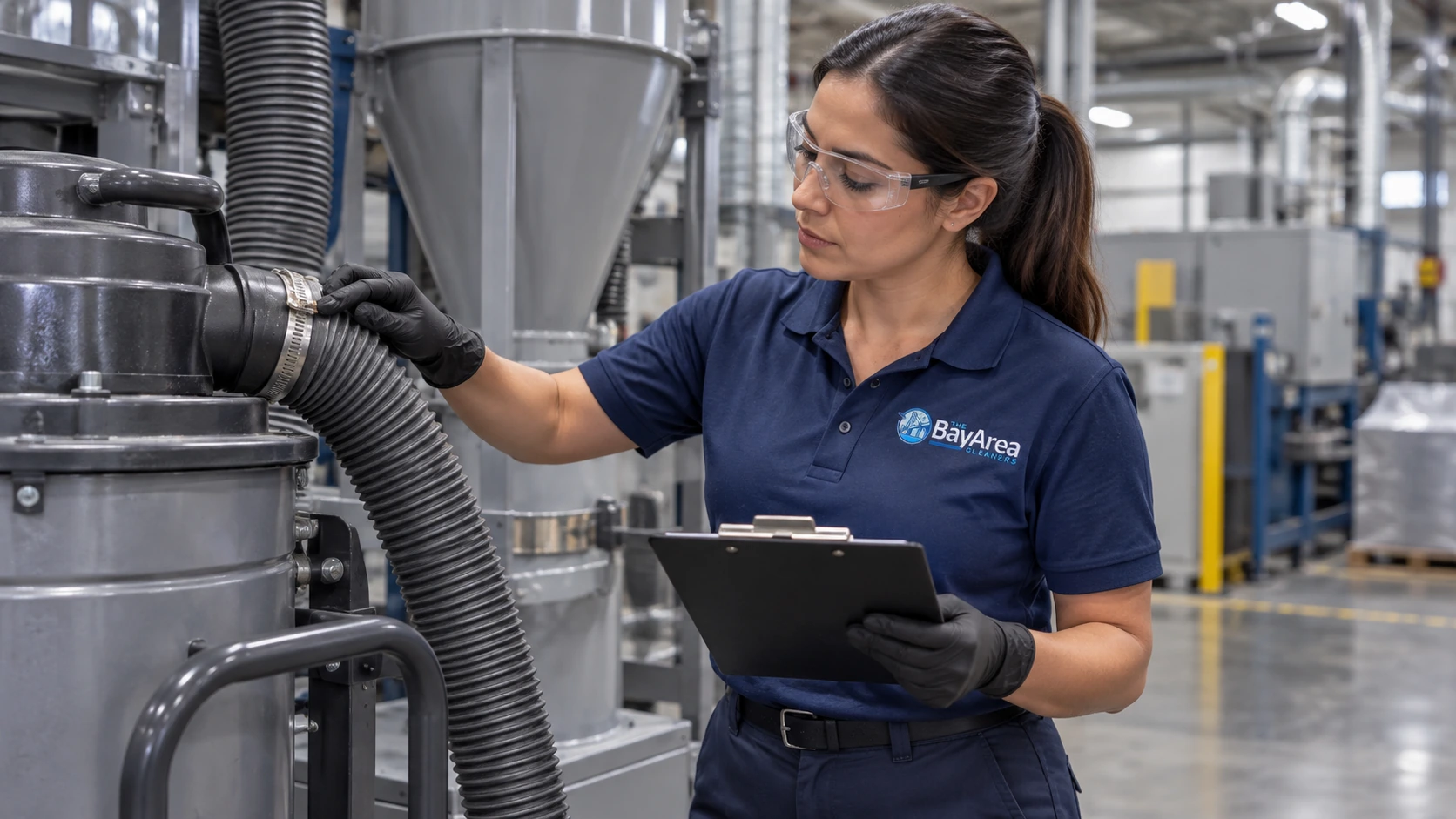 Bay Area Cleaners technician inspecting industrial cleaning equipment beside a dust collection unit in a manufacturing plant.