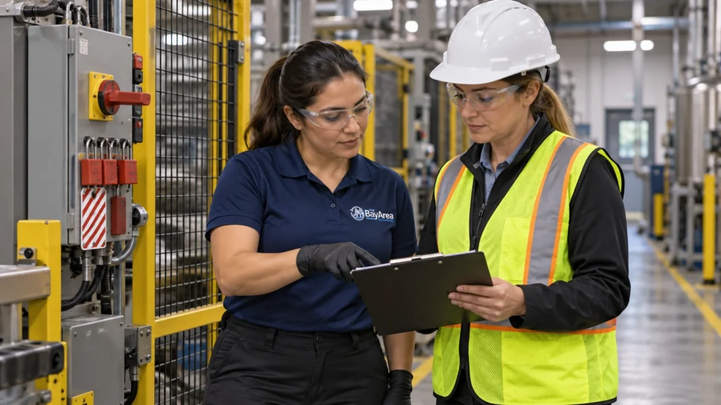 Industrial Cleaning Services: How to Evaluate Scope, Equipment and Site Access 3 Two women reviewing lockout and site access procedures before industrial cleaning service work near production machinery.