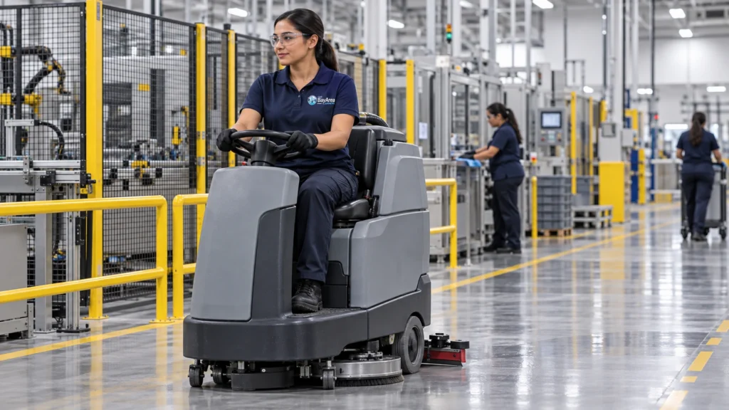 Industrial Cleaning Services: How to Evaluate Scope, Equipment and Site Access 2 Bay Area Cleaners woman technician operating a ride-on scrubber during industrial cleaning services on a manufacturing plant floor.