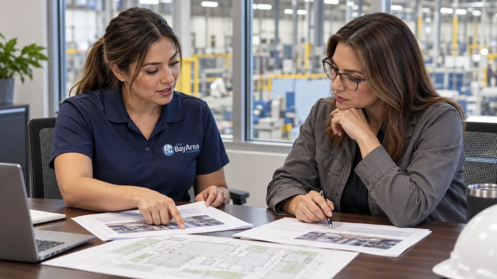 Industrial Cleaning Services: How to Evaluate Scope, Equipment and Site Access 1 Bay Area Cleaners representative and facility manager reviewing an industrial cleaning services proposal for a manufacturing plant.