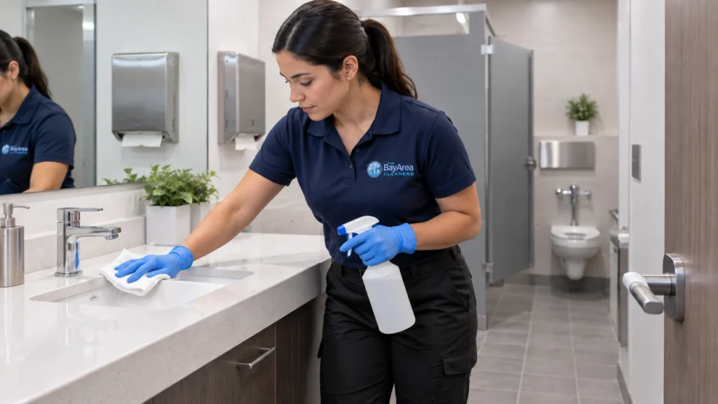 Female technician sanitizing sinks and touchpoints in a patient restroom as part of medical facility cleaning.