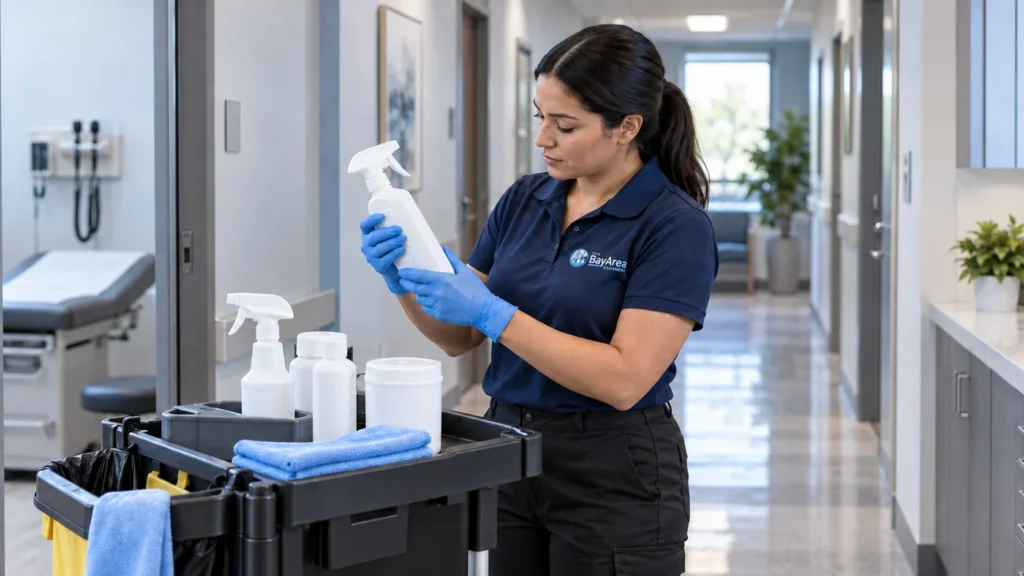 Bay Area Cleaners technician checking disinfectant directions and contact time for medical office cleaning.
