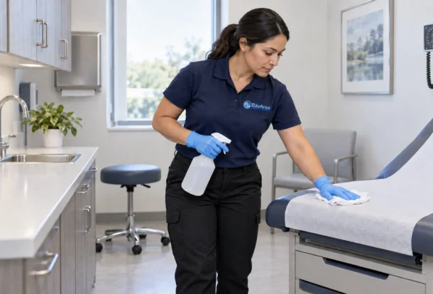 Female Bay Area Cleaners technician disinfecting an exam table during medical office cleaning at the end of the clinic day.
