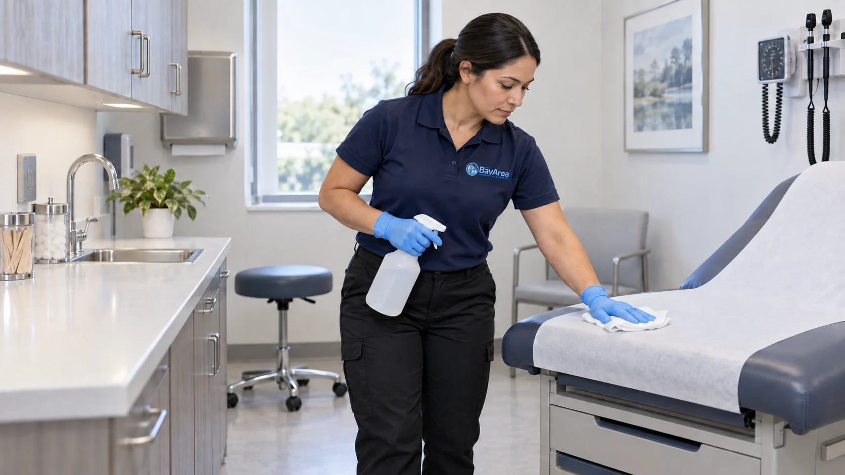 Female Bay Area Cleaners technician disinfecting an exam table during medical office cleaning at the end of the clinic day.
