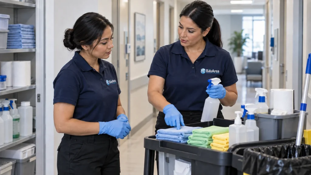 Two female Bay Area Cleaners technicians reviewing supplies and procedures for medical office cleaning service training.