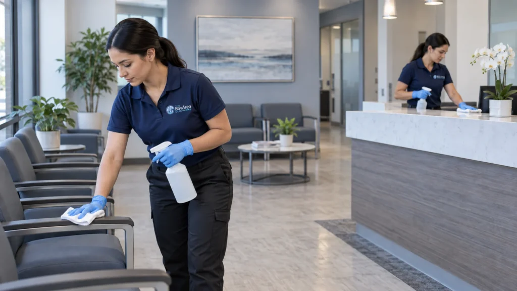 Female Bay Area Cleaners technician disinfecting chair arms and reception surfaces during medical office cleaning.