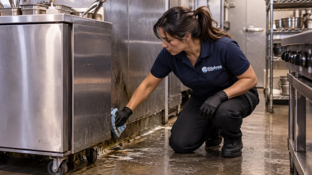 Restaurant Commercial Cleaning technician removing hidden grease behind commercial kitchen equipment during weekly service