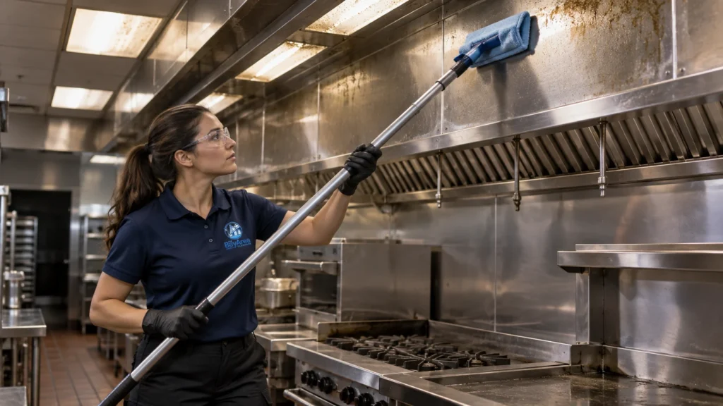 Restaurant Commercial Cleaning technician scrubbing grease from quarry tile and grout in a commercial kitchen