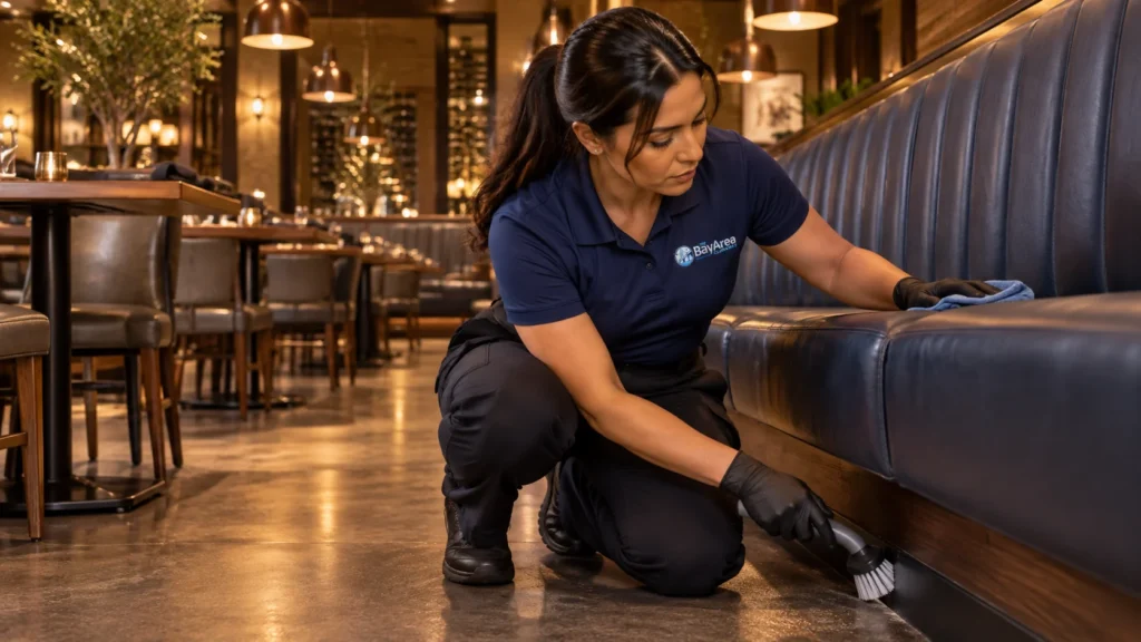 Restaurant Commercial Cleaning technician detailing booth seams and floor edges in a restaurant dining room