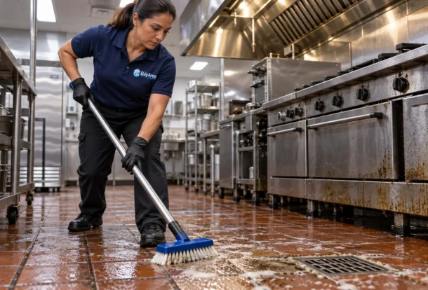 Restaurant Commercial Cleaning technician scrubbing grease from quarry tile and grout in a commercial kitchen
