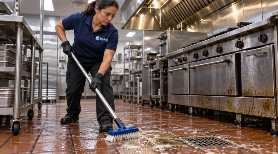 Restaurant Commercial Cleaning technician scrubbing grease from quarry tile and grout in a commercial kitchen
