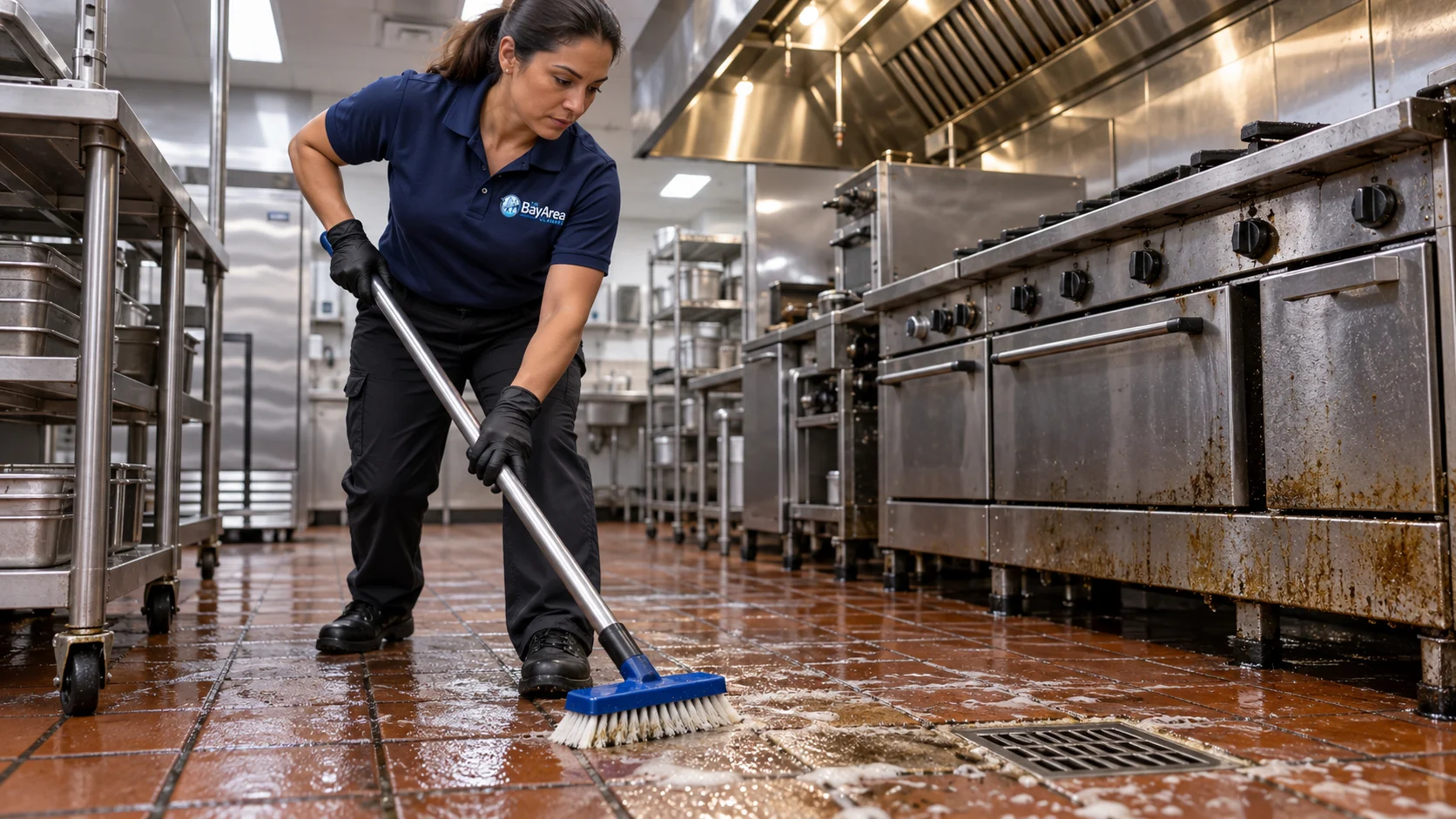 Restaurant Commercial Cleaning technician scrubbing grease from quarry tile and grout in a commercial kitchen