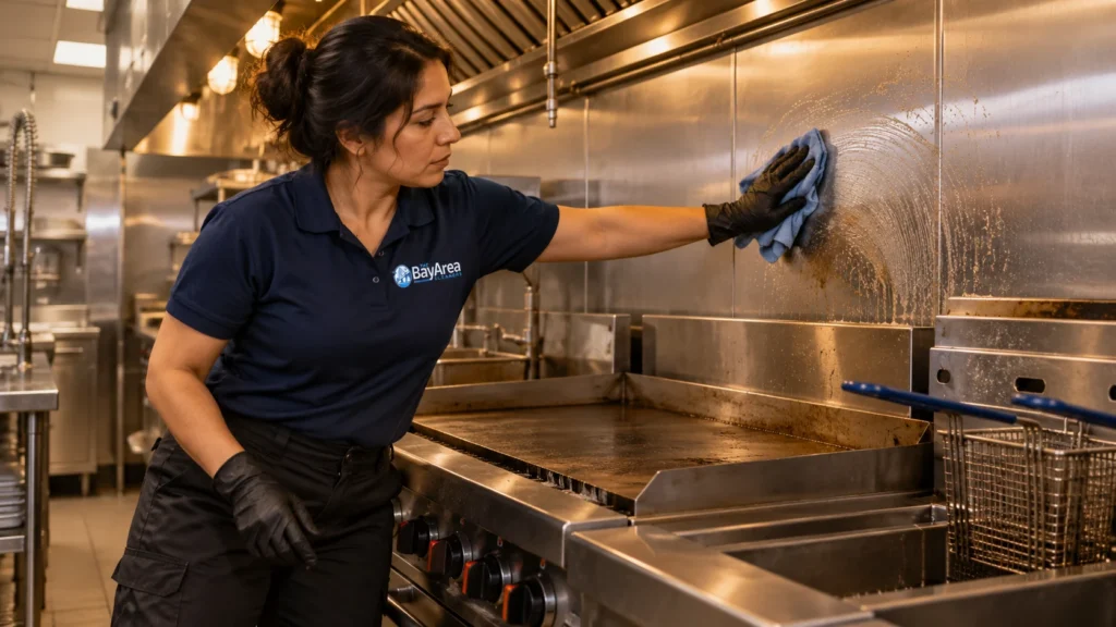 Restaurant Commercial Cleaning technician removing grease from a commercial kitchen cook line after closing