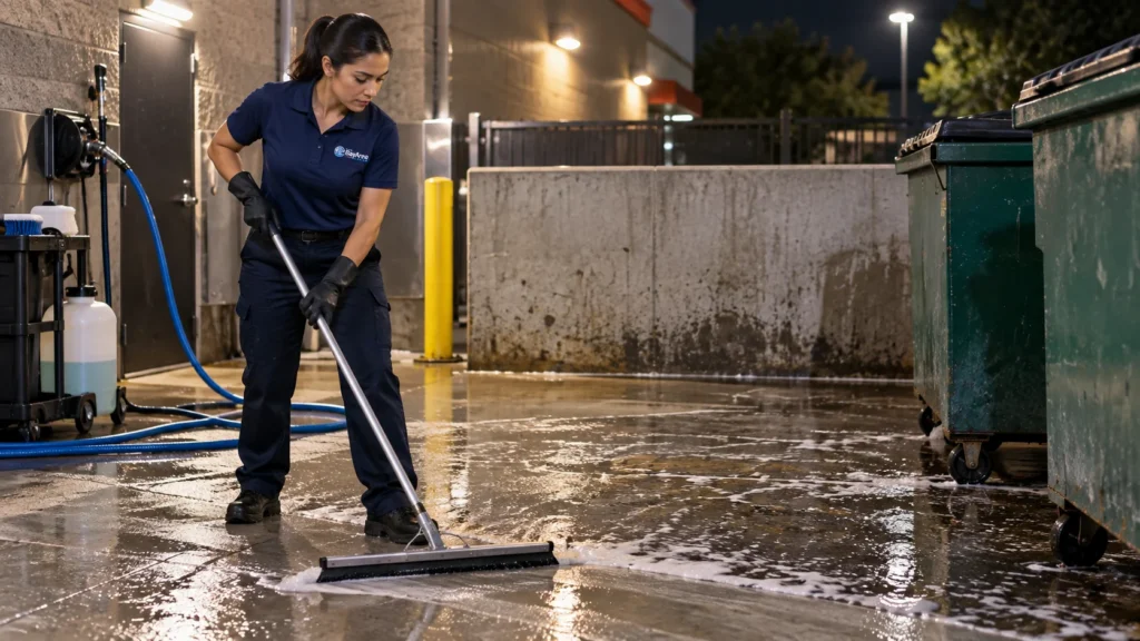 Restaurant Commercial Cleaning technician washing the waste enclosure floor during scheduled restaurant cleaning