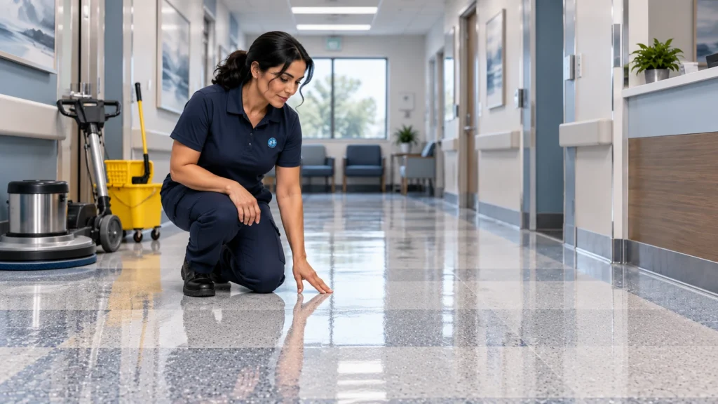 Floor technician inspecting a newly finished VCT corridor before routine wet cleaning and machine scrubbing begin