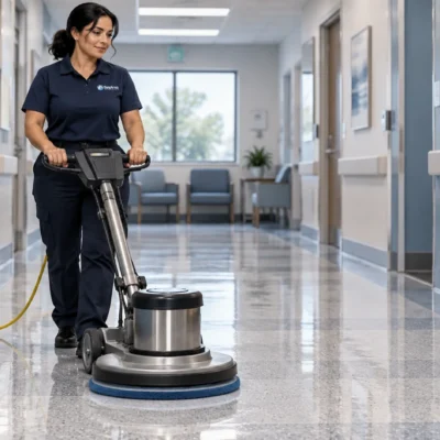 Floor technician guiding a low-speed floor machine across a polished vinyl composition tile corridor