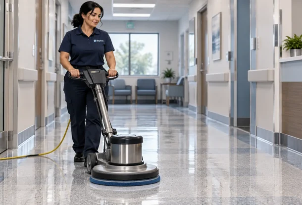 Floor technician guiding a low-speed floor machine across a polished vinyl composition tile corridor
