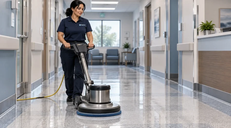 Floor technician guiding a low-speed floor machine across a polished vinyl composition tile corridor