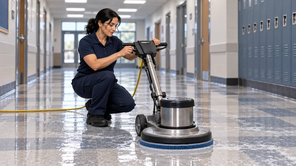 Technician checking a low-speed floor machine beside a wet vinyl composition tile floor during stripping preparation