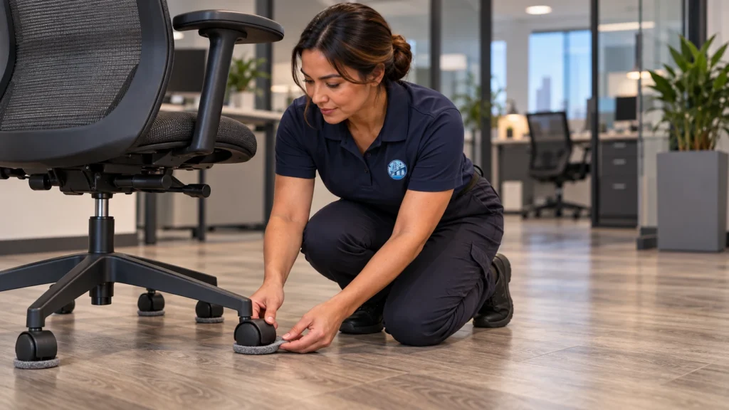 Why Mopping Leaves a Film, and How to Clean Vinyl Plank Floors Instead? 2 Two-chamber mop bucket with clear cleaning solution on one side and gray rinse water on the other