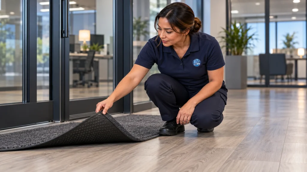 Why Mopping Leaves a Film, and How to Clean Vinyl Plank Floors Instead? 1 Cleaning technician placing felt protectors under office chair casters to protect a wood-look vinyl plank floor