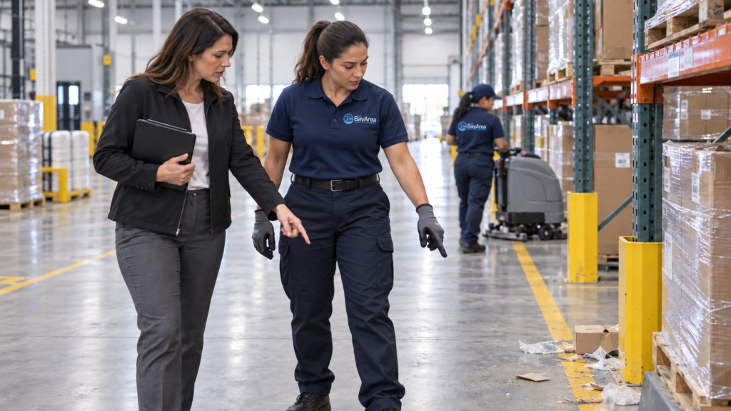 Warehouse Cleaning: What a Professional Program Should Include 1 Female warehouse cleaning technician removing a localized spill from a warehouse traffic lane with safety equipment.