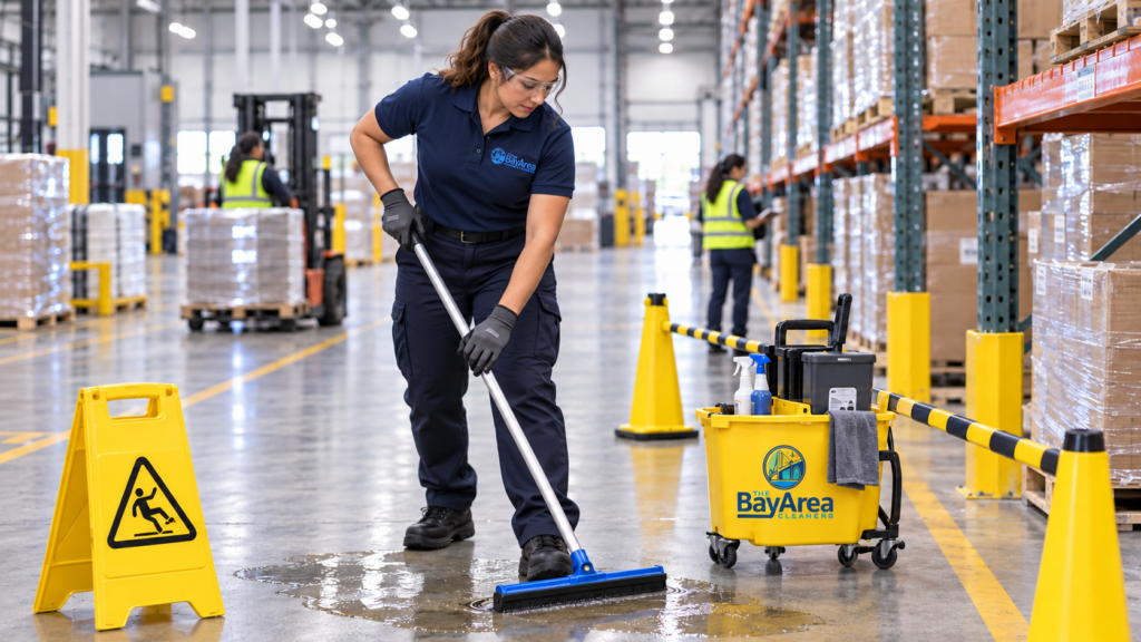 Warehouse Cleaning: What a Professional Program Should Include 2 Facility manager and female warehouse cleaning technician inspecting debris and floor conditions before service begins.
