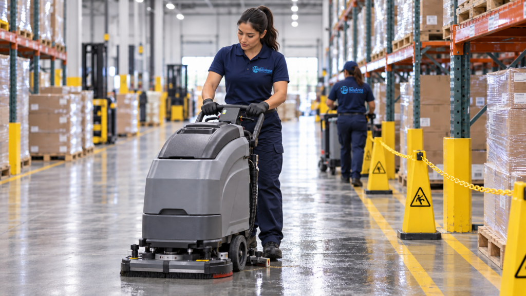 Warehouse Cleaning: What a Professional Program Should Include 3 Female warehouse cleaning technician using an industrial floor scrubber on a concrete warehouse aisle.