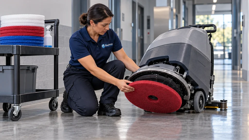 Technician fitting a red floor pad onto a walk-behind scrubber for commercial concrete floor cleaning.