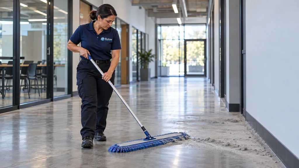 1. Technician dry dusting loose gray dust from an indoor concrete floor in a commercial hallway.