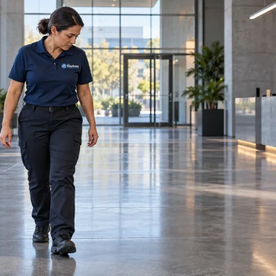 Floor technician walking across a sealed concrete floor in an office lobby before opening.