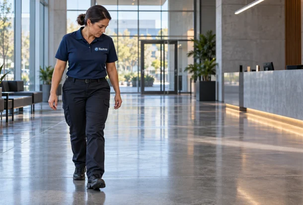 Floor technician walking across a sealed concrete floor in an office lobby before opening.