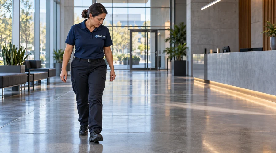 Floor technician walking across a sealed concrete floor in an office lobby before opening.