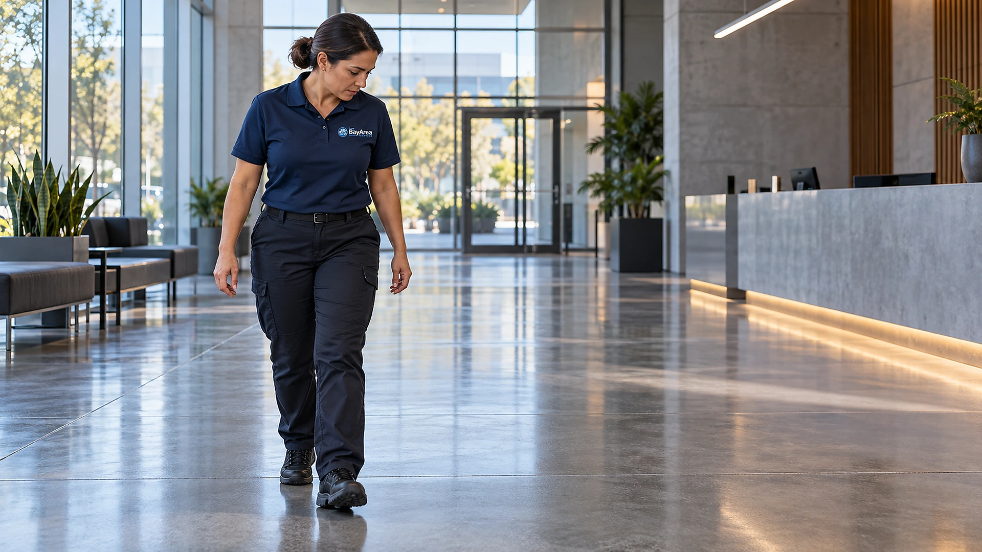 Floor technician walking across a sealed concrete floor in an office lobby before opening.