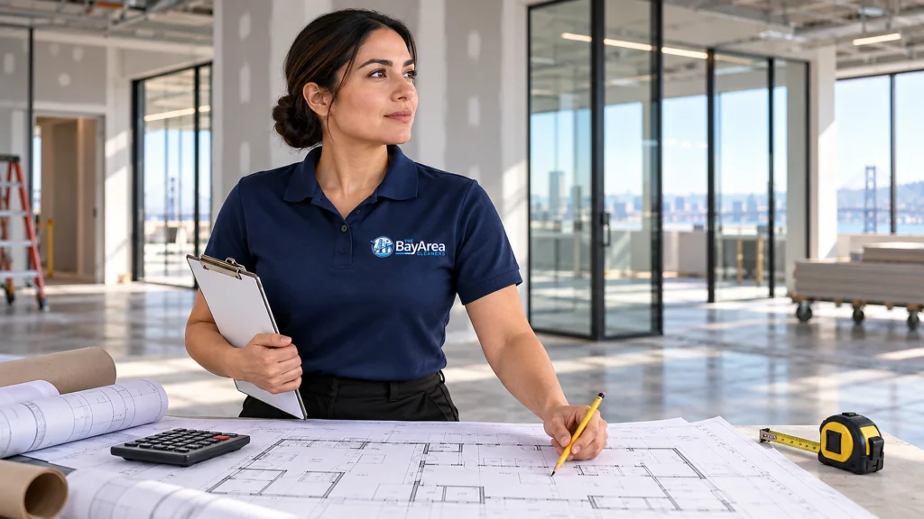 Budgeting Post Construction Cleaning Costs Before the Final Walkthrough 1 Construction drawings and a clipboard on a table for a post construction cleaning calculator takeoff