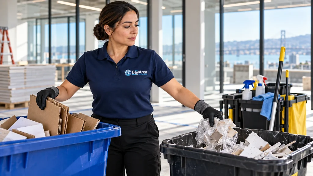 Budgeting Post Construction Cleaning Costs Before the Final Walkthrough 4 Cleaning technician separating cardboard and mixed construction waste into separate bins on a CALGreen project