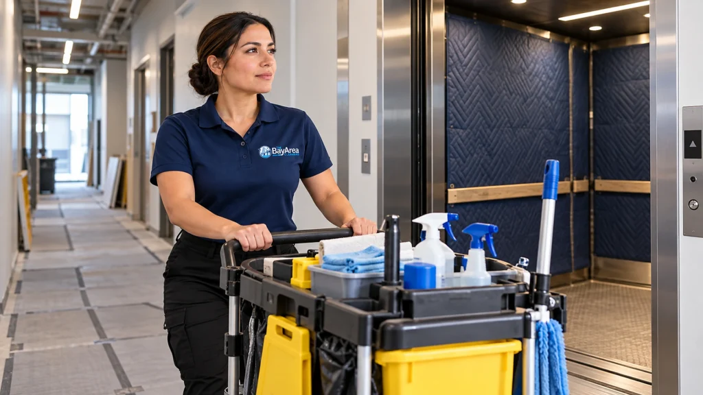 Budgeting Post Construction Cleaning Costs Before the Final Walkthrough 3 Cleaning technician in a service corridor with protected floors leading to a freight elevator